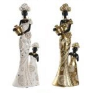 Figura africana con niña pequeña en resina blanca y dorada