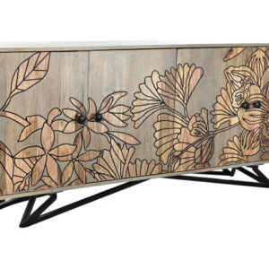 Aparador gris con flores en madera y metal