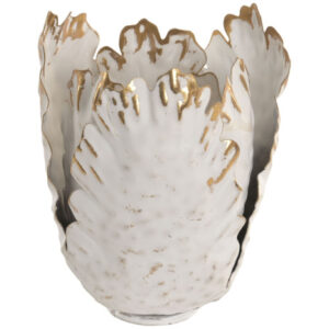 Portavela metal alto flor blanco y dorado